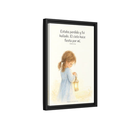 Este mi hijo perdido ha sido hallado — Lienzo Cristiano Enmarcado | Lucas 15:24 — 12×18 pulgadas, marco negro, vista lateral del marco flotante
