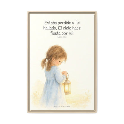 Este mi hijo perdido ha sido hallado — Lienzo Cristiano Enmarcado | Lucas 15:24 — 24×36 pulgadas, marco natural, vista frontal