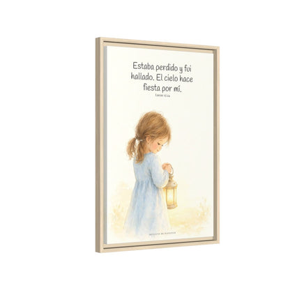 Este mi hijo perdido ha sido hallado — Lienzo Cristiano Enmarcado | Lucas 15:24 — 16×24 pulgadas, marco natural, vista lateral del marco flotante