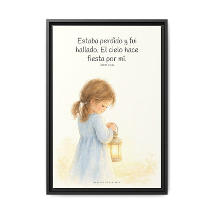 Este mi hijo perdido ha sido hallado — Lienzo Cristiano Enmarcado | Lucas 15:24 — 16×24 pulgadas, marco negro, vista frontal