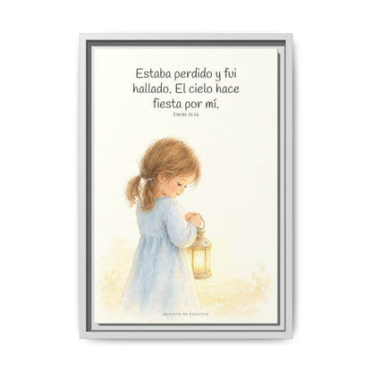 Este mi hijo perdido ha sido hallado — Lienzo Cristiano Enmarcado | Lucas 15:24 — 12×18 pulgadas, marco blanco, vista frontal