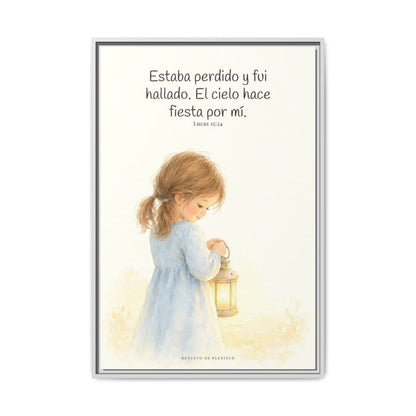 Este mi hijo perdido ha sido hallado — Lienzo Cristiano Enmarcado | Lucas 15:24 — 24×36 pulgadas, marco blanco, vista frontal