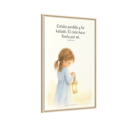 Este mi hijo perdido ha sido hallado — Lienzo Cristiano Enmarcado | Lucas 15:24 — 24×36 pulgadas, marco natural, vista lateral del marco flotante