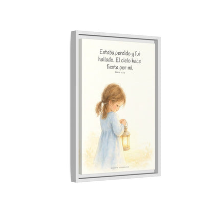 Este mi hijo perdido ha sido hallado — Lienzo Cristiano Enmarcado | Lucas 15:24 — 12×18 pulgadas, marco blanco, vista lateral del marco flotante