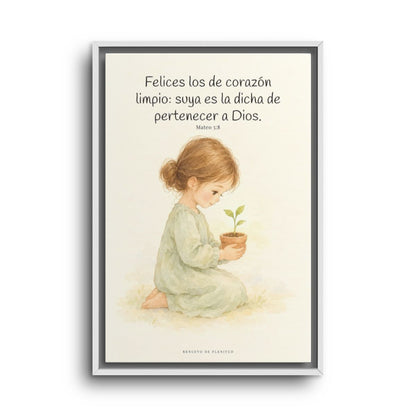 Felices los que pertenecen a Dios | Lienzo de fe para el hogar | Mateo 5:8 — 16×24 pulgadas, marco blanco, vista frontal