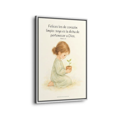 Felices los que pertenecen a Dios | Lienzo de fe para el hogar | Mateo 5:8 — 24×36 pulgadas, marco blanco, vista lateral del marco flotante