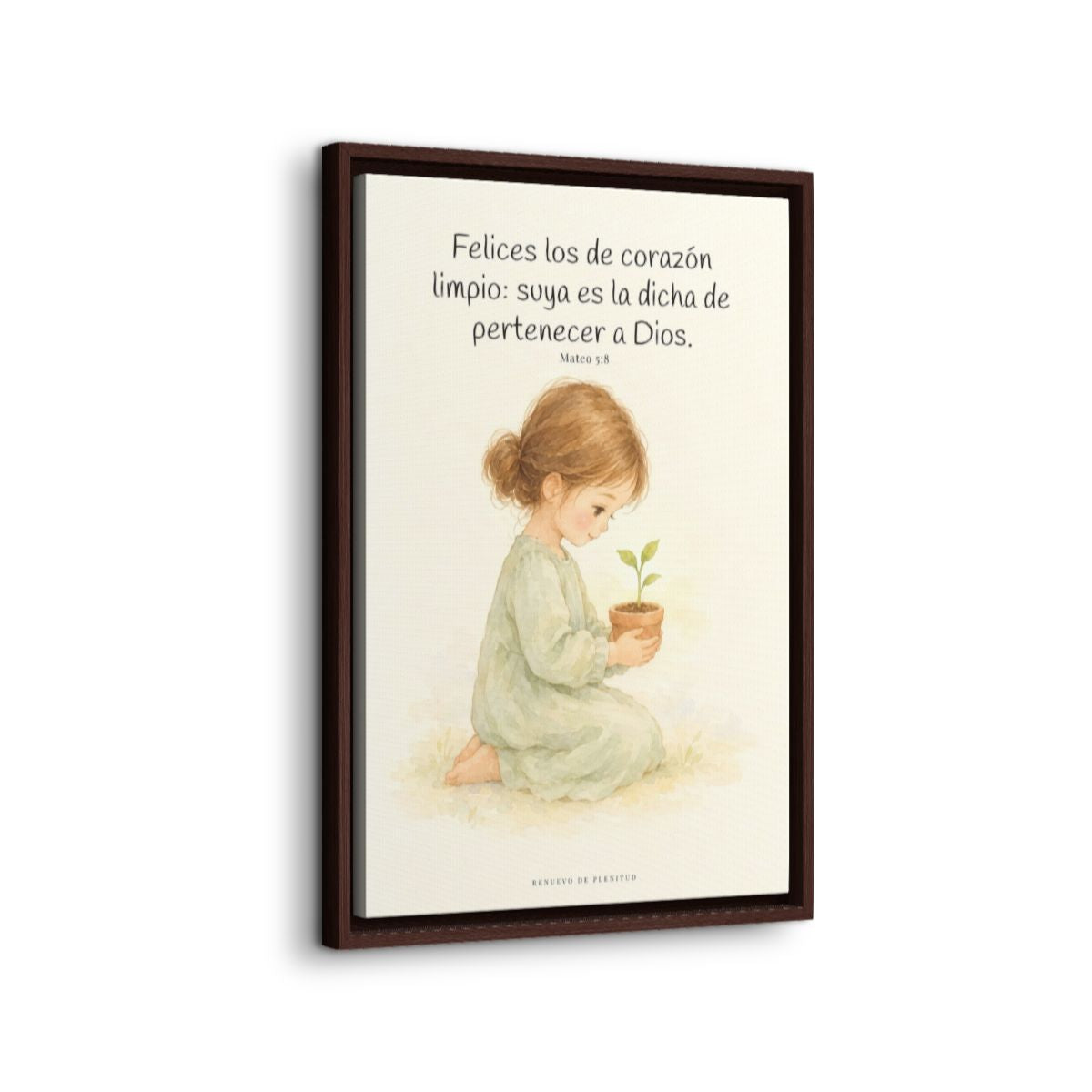 Felices los que pertenecen a Dios | Lienzo de fe para el hogar | Mateo 5:8 — 16×24 pulgadas, marco espresso, vista lateral del marco flotante