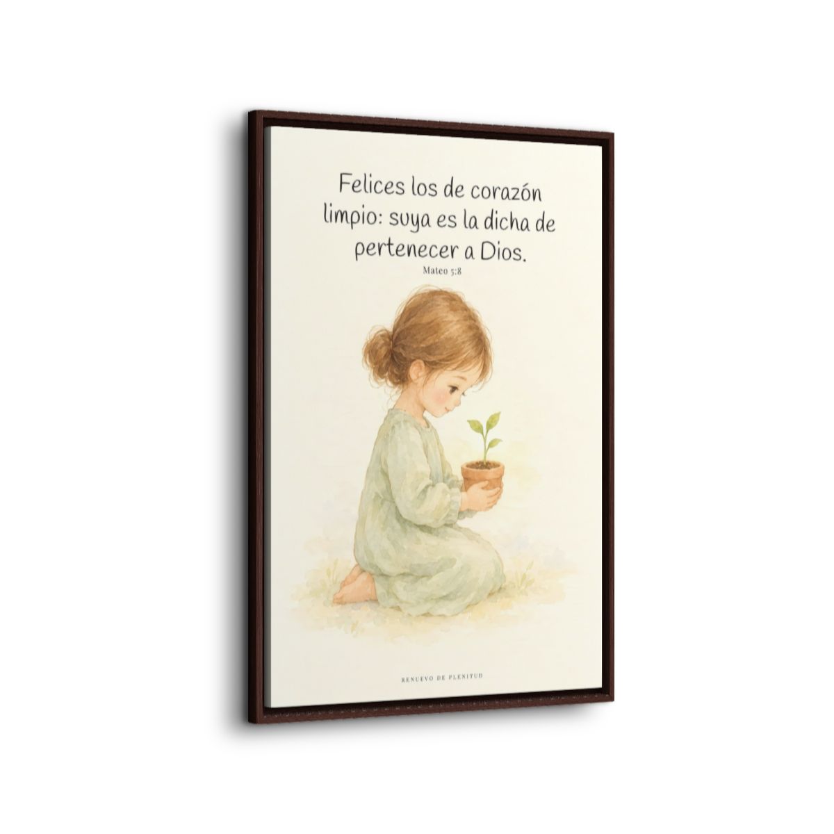 Felices los que pertenecen a Dios | Lienzo de fe para el hogar | Mateo 5:8 — 24×36 pulgadas, marco espresso, vista lateral del marco flotante