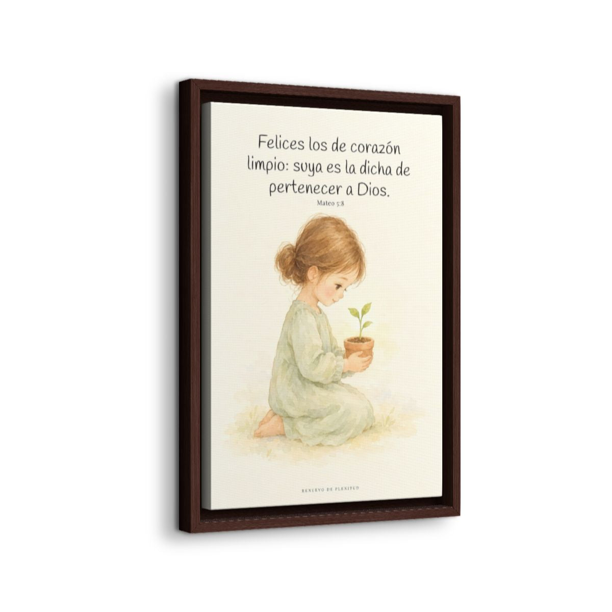 Felices los que pertenecen a Dios | Lienzo de fe para el hogar | Mateo 5:8 — 12×18 pulgadas, marco espresso, vista lateral del marco flotante