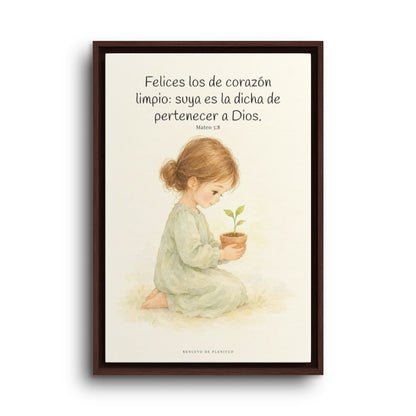 Felices los que pertenecen a Dios | Lienzo de fe para el hogar | Mateo 5:8 — 16×24 pulgadas, marco espresso, vista frontal