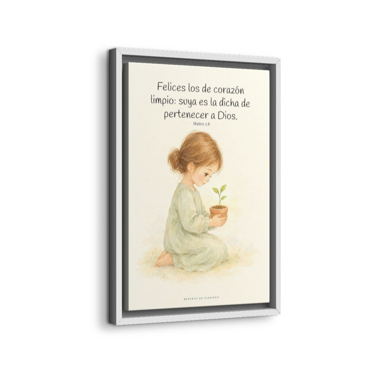 Felices los que pertenecen a Dios | Lienzo de fe para el hogar | Mateo 5:8 — 12×18 pulgadas, marco blanco, vista lateral del marco flotante