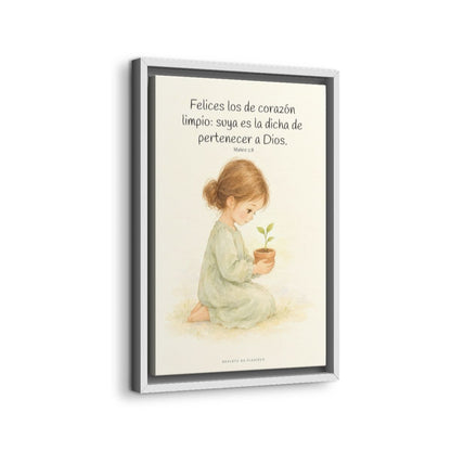 Felices los que pertenecen a Dios | Lienzo de fe para el hogar | Mateo 5:8 — 12×18 pulgadas, marco blanco, vista lateral del marco flotante