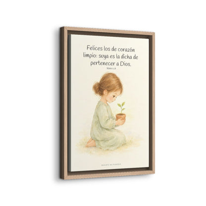Felices los que pertenecen a Dios | Lienzo de fe para el hogar | Mateo 5:8 — 12×18 pulgadas, marco natural, vista lateral del marco flotante