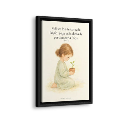 Felices los que pertenecen a Dios | Lienzo de fe para el hogar | Mateo 5:8 — 12×18 pulgadas, marco negro, vista lateral del marco flotante