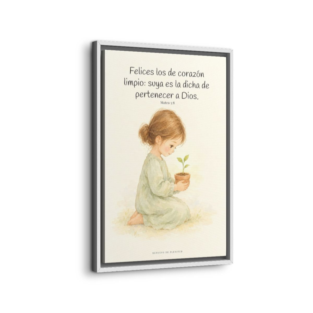 Felices los que pertenecen a Dios | Lienzo de fe para el hogar | Mateo 5:8 — 16×24 pulgadas, marco blanco, vista lateral del marco flotante