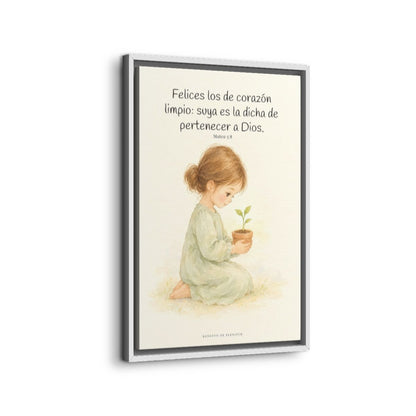 Felices los que pertenecen a Dios | Lienzo de fe para el hogar | Mateo 5:8 — 16×24 pulgadas, marco blanco, vista lateral del marco flotante
