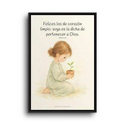 Felices los que pertenecen a Dios | Lienzo de fe para el hogar | Mateo 5:8 — 24×36 pulgadas, marco negro, vista frontal