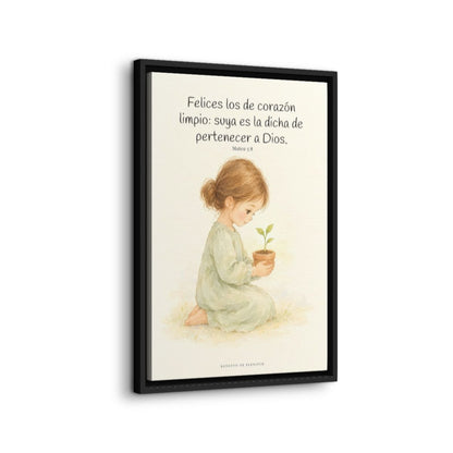 Felices los que pertenecen a Dios | Lienzo de fe para el hogar | Mateo 5:8 — 16×24 pulgadas, marco negro, vista lateral del marco flotante
