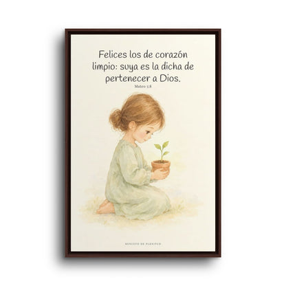 Felices los que pertenecen a Dios | Lienzo de fe para el hogar | Mateo 5:8 — 24×36 pulgadas, marco espresso, vista frontal