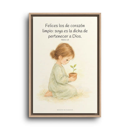 Felices los que pertenecen a Dios | Lienzo de fe para el hogar | Mateo 5:8 — 16×24 pulgadas, marco natural, vista frontal
