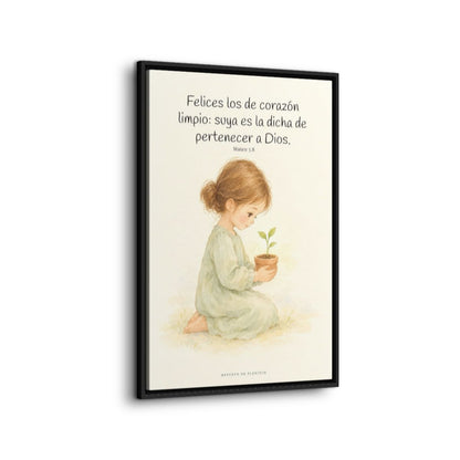 Felices los que pertenecen a Dios | Lienzo de fe para el hogar | Mateo 5:8 — 24×36 pulgadas, marco negro, vista lateral del marco flotante