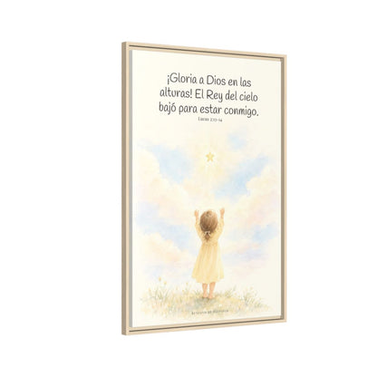 Gloria a Dios en las alturas — Lienzo Cristiano Enmarcado | Lucas 2:13-14 — 24×36 pulgadas, marco natural, vista lateral del marco flotante
