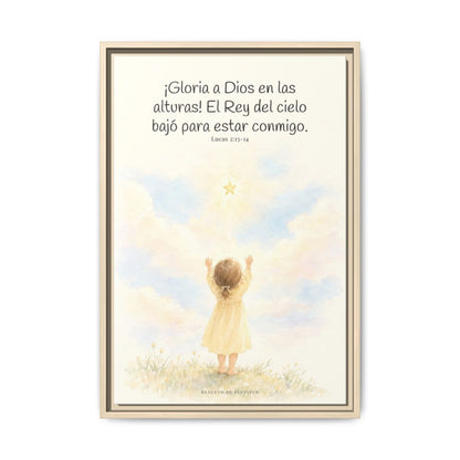 Gloria a Dios en las alturas — Lienzo Cristiano Enmarcado | Lucas 2:13-14 — 16×24 pulgadas, marco natural, vista frontal