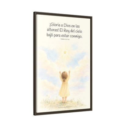 Gloria a Dios en las alturas — Lienzo Cristiano Enmarcado | Lucas 2:13-14 — 24×36 pulgadas, marco espresso, vista lateral del marco flotante