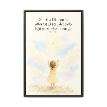 Gloria a Dios en las alturas — Lienzo Cristiano Enmarcado | Lucas 2:13-14 — 24×36 pulgadas, marco espresso, vista frontal