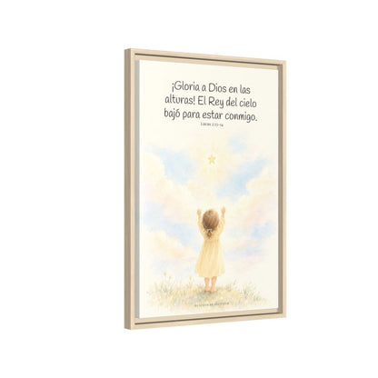 Gloria a Dios en las alturas — Lienzo Cristiano Enmarcado | Lucas 2:13-14 — 16×24 pulgadas, marco natural, vista lateral del marco flotante