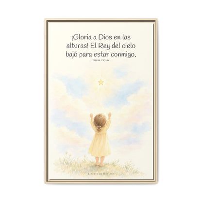 Gloria a Dios en las alturas — Lienzo Cristiano Enmarcado | Lucas 2:13-14 — 24×36 pulgadas, marco natural, vista frontal