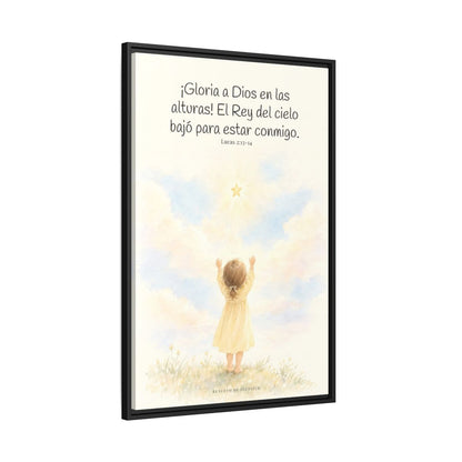 Gloria a Dios en las alturas — Lienzo Cristiano Enmarcado | Lucas 2:13-14 — 24×36 pulgadas, marco negro, vista lateral del marco flotante