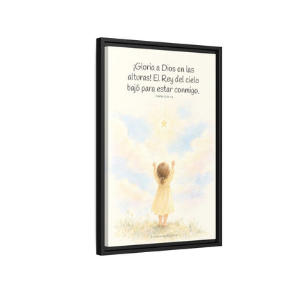 Gloria a Dios en las alturas — Lienzo Cristiano Enmarcado | Lucas 2:13-14 — 16×24 pulgadas, marco negro, vista lateral del marco flotante