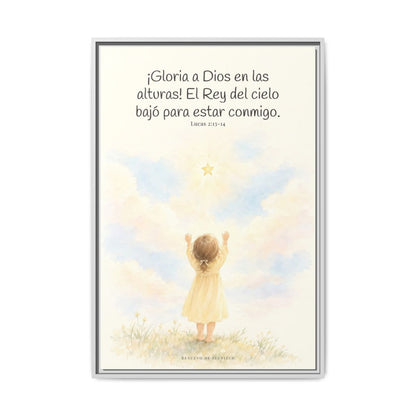 Gloria a Dios en las alturas — Lienzo Cristiano Enmarcado | Lucas 2:13-14 — 24×36 pulgadas, marco blanco, vista frontal