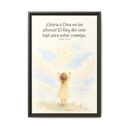 Gloria a Dios en las alturas — Lienzo Cristiano Enmarcado | Lucas 2:13-14 — 16×24 pulgadas, marco espresso, vista frontal