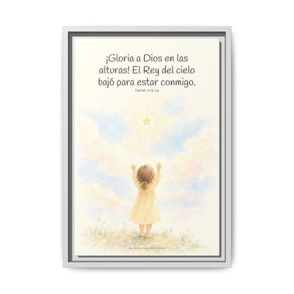 Gloria a Dios en las alturas — Lienzo Cristiano Enmarcado | Lucas 2:13-14 — 12×18 pulgadas, marco blanco, vista frontal
