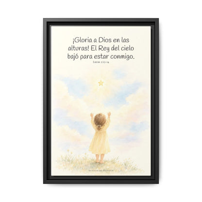 Gloria a Dios en las alturas — Lienzo Cristiano Enmarcado | Lucas 2:13-14 — 12×18 pulgadas, marco negro, vista frontal