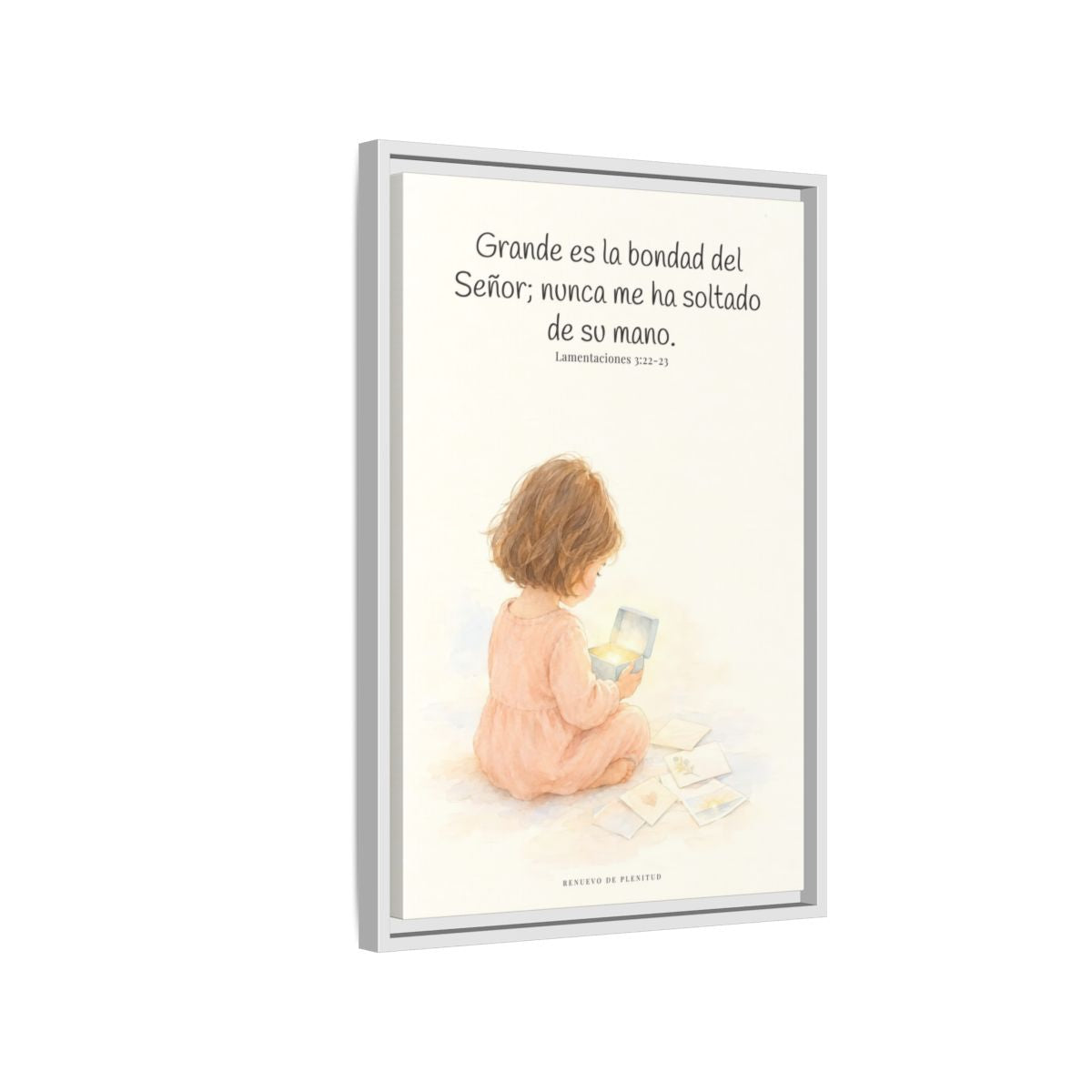 Grande es la bondad del Señor conmigo — Lienzo Cristiano Enmarcado | Lamentaciones 3:22-23 — 16×24 pulgadas, marco blanco, vista lateral del marco flotante