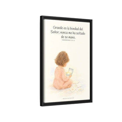 Grande es la bondad del Señor conmigo — Lienzo Cristiano Enmarcado | Lamentaciones 3:22-23 — 16×24 pulgadas, marco negro, vista lateral del marco flotante
