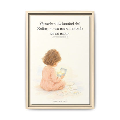 Grande es la bondad del Señor conmigo — Lienzo Cristiano Enmarcado | Lamentaciones 3:22-23 — 12×18 pulgadas, marco natural, vista frontal