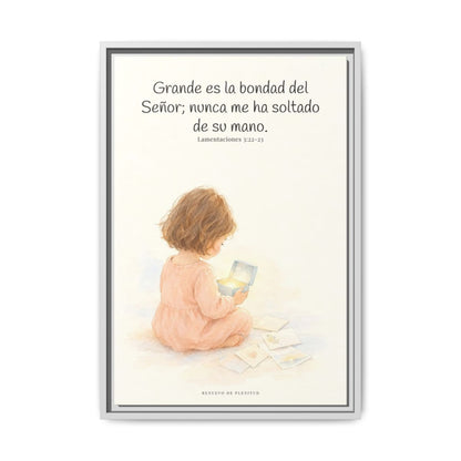 Grande es la bondad del Señor conmigo — Lienzo Cristiano Enmarcado | Lamentaciones 3:22-23 — 16×24 pulgadas, marco blanco, vista frontal