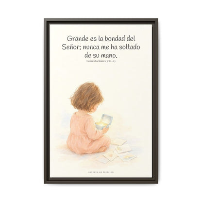 Grande es la bondad del Señor conmigo — Lienzo Cristiano Enmarcado | Lamentaciones 3:22-23 — 16×24 pulgadas, marco espresso, vista frontal