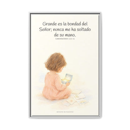 Grande es la bondad del Señor conmigo — Lienzo Cristiano Enmarcado | Lamentaciones 3:22-23 — 24×36 pulgadas, marco blanco, vista frontal