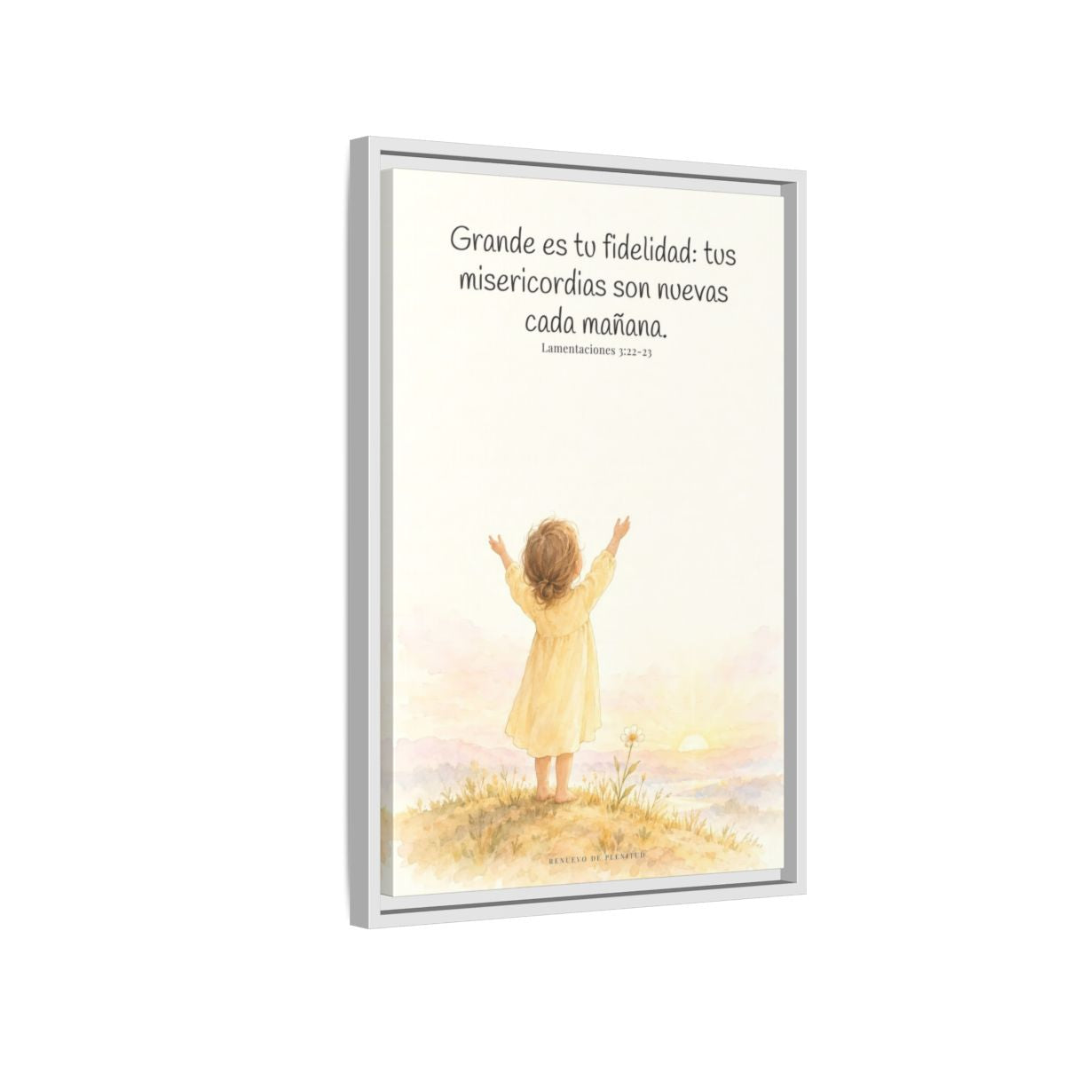 Grande es tu fidelidad, oh Dios — Lienzo Cristiano Enmarcado | Lamentaciones 3:22-23 — 16×24 pulgadas, marco blanco, vista lateral del marco flotante