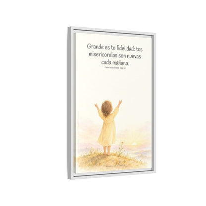 Grande es tu fidelidad, oh Dios — Lienzo Cristiano Enmarcado | Lamentaciones 3:22-23 — 16×24 pulgadas, marco blanco, vista lateral del marco flotante