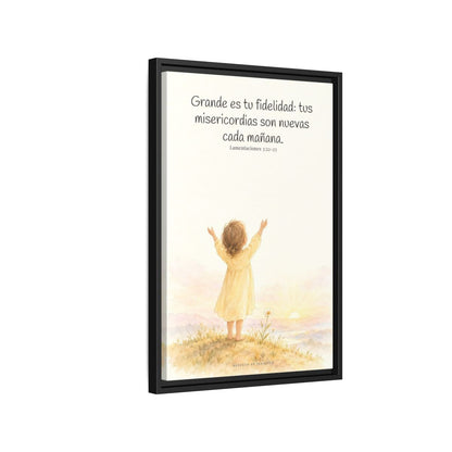 Grande es tu fidelidad, oh Dios — Lienzo Cristiano Enmarcado | Lamentaciones 3:22-23 — 16×24 pulgadas, marco negro, vista lateral del marco flotante