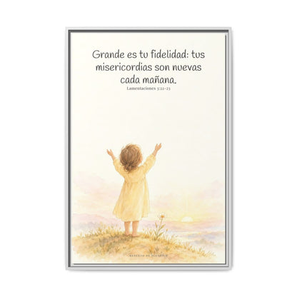 Grande es tu fidelidad, oh Dios — Lienzo Cristiano Enmarcado | Lamentaciones 3:22-23 — 24×36 pulgadas, marco blanco, vista frontal