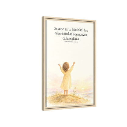 Grande es tu fidelidad, oh Dios — Lienzo Cristiano Enmarcado | Lamentaciones 3:22-23 — 16×24 pulgadas, marco natural, vista lateral del marco flotante