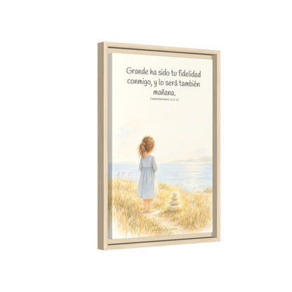 Grande ha sido tu fidelidad, Señor — Lienzo Cristiano Enmarcado | Lamentaciones 3:22-23 — 12×18 pulgadas, marco natural, vista lateral del marco flotante