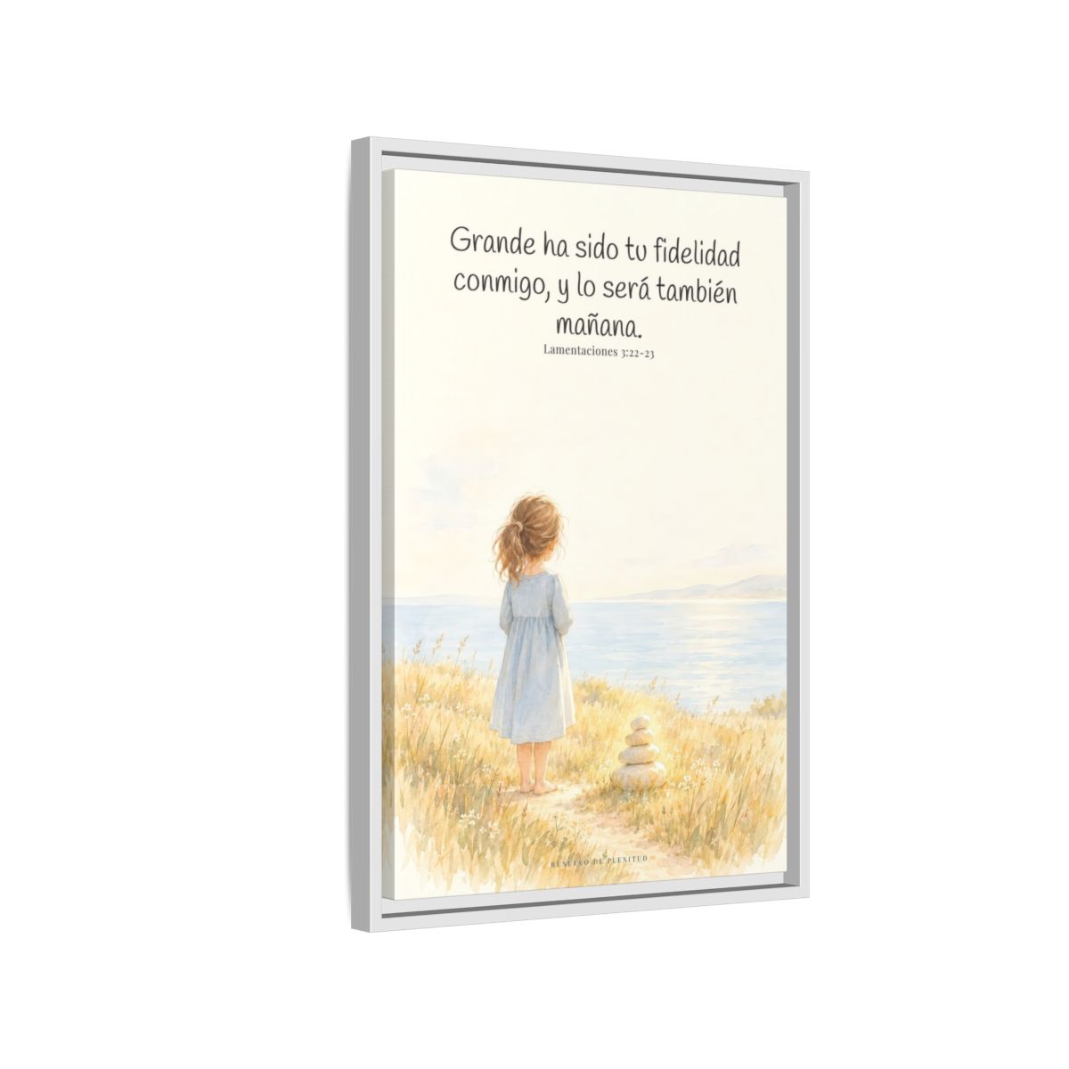 Grande ha sido tu fidelidad, Señor — Lienzo Cristiano Enmarcado | Lamentaciones 3:22-23 — 16×24 pulgadas, marco blanco, vista lateral del marco flotante
